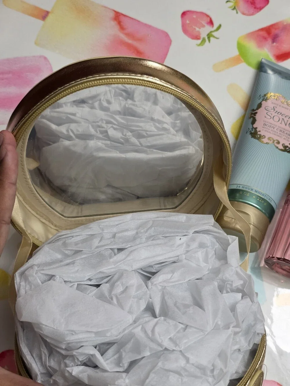 Bath & Body Works Metallic Gold Bow Elegant Cosmetic Case Bag with Mirror NEW